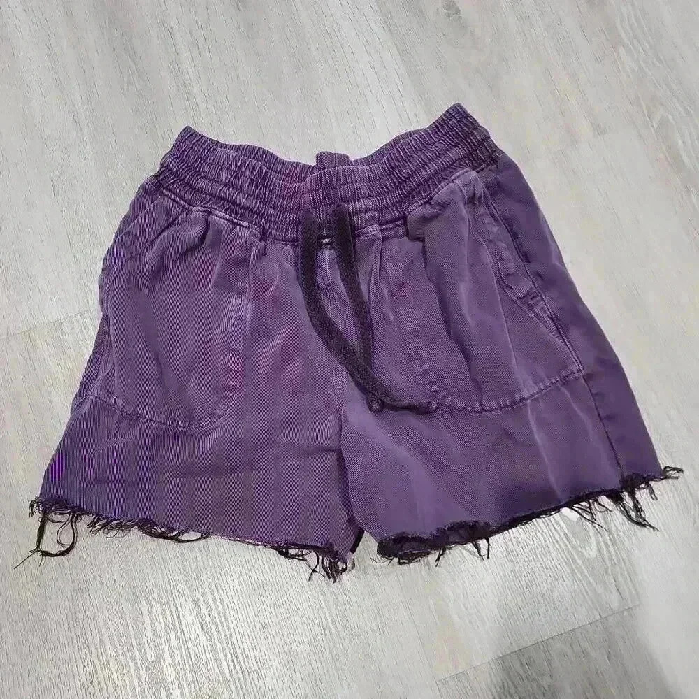 Zara Womens Raw Hem Drawstring High Rise Elastic Waist Shorts Purple Size Small